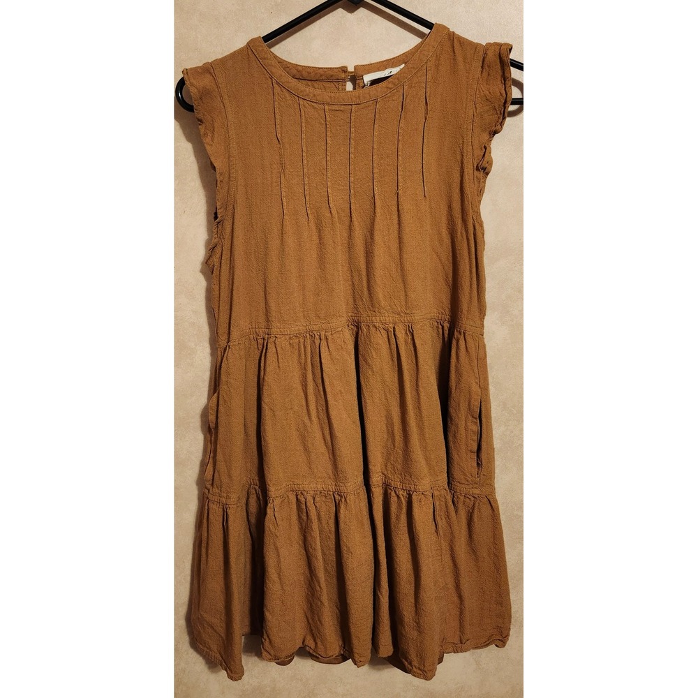 New In Cognac Brown Linen Blend Tiered Mini Dress Ruffle Sleeve Small ND30062